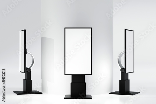 Blank mock up vertical billboard or LCD screen floor stand inside building, 3D rendering.