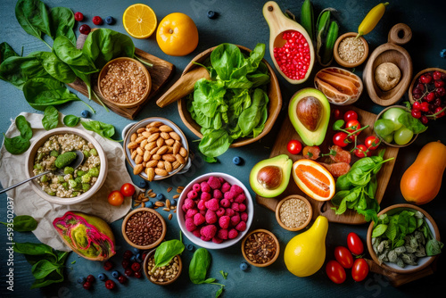 Variety of fruits and vegetables are arranged on blue surface  including avocados  spinach  raspberries  lemons  spinach  spinach  and more. Generative AI.