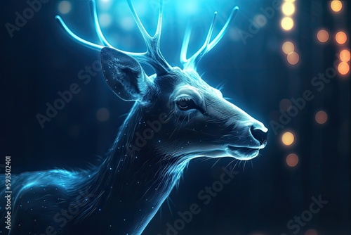A deer with Christmas decoration in the winter forest. Generative Ai.