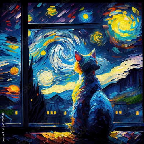 Oil painting Eiffel tower, black kitty, fragrant breeze, magnificent starry sky