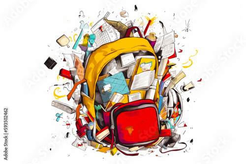 Yellow backpack with bunch of books on it and bunch of papers all over it. Generative AI.