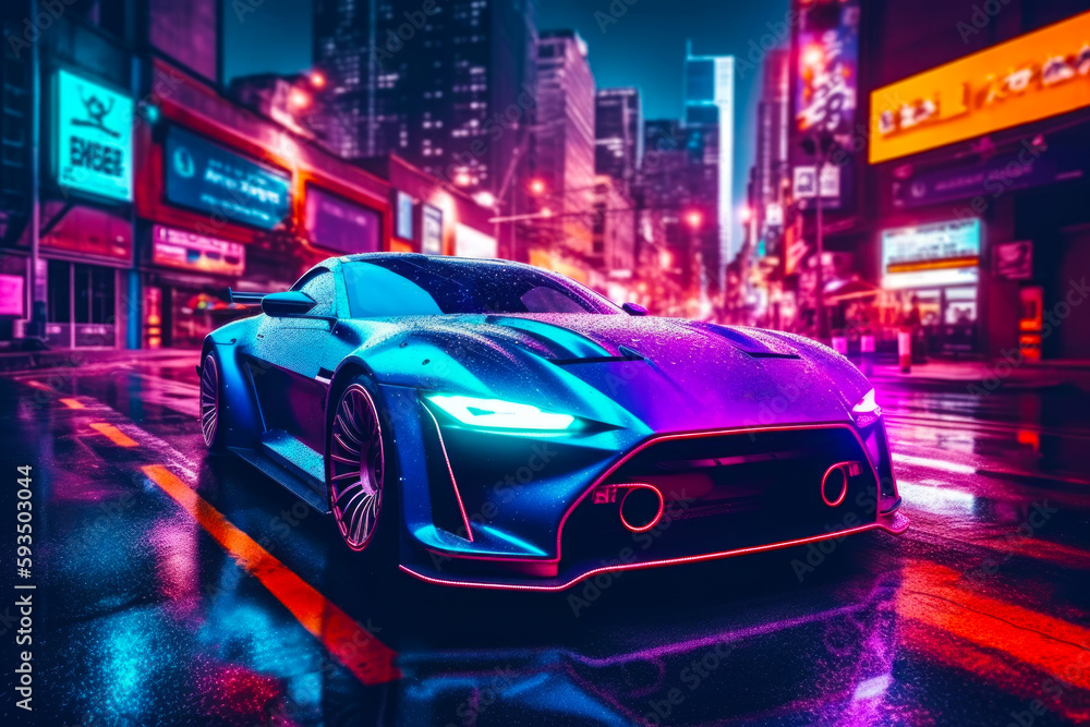 Futuristic car in the middle of city at night with neon lights. Generative AI.