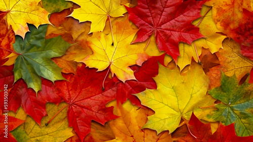 Bunch of different colored leaves laying on top of each other on table. Generative AI.