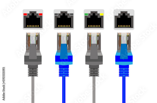 Network and ethernet cable. RJ45 Modular plugs for solid Cat5, Cat5e Ethernet Cable connecter. RJ45 UTP Patch cable. CAT6 Cable. 
RJ45 Female. Vector. photo