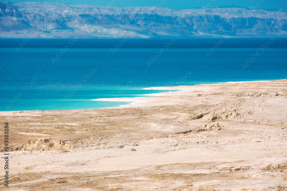 View of Dead Sea coastline, Jordan