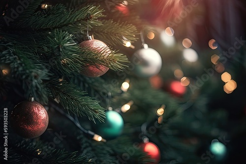Close up view of beautiful fir branches with shiny colorful bauble or ball, xmas ornaments and lights, christmas holidays background. Generative Ai.
