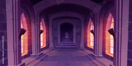 Cartoon castle hallway interior design. Vector illustration of corridor perspective inside medieval palace with large gothic windows, stone walls and floor, mysterious dark doorway. Path to dungeon