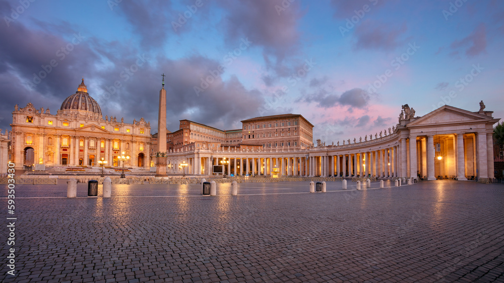 Vatican City, Rome, Italy. Cityscape image of illuminated Saint Peter's Basilica and St. Peter's Square, Vatican City, Rome, Italy at sunrise.