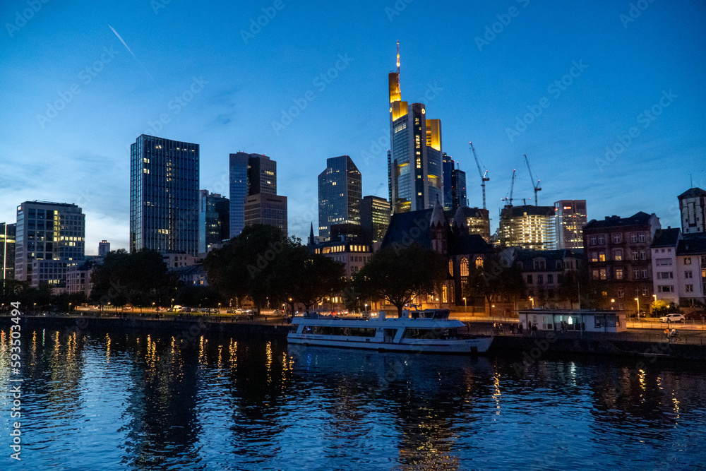 The skyline of Frankfurt from Main river in Germany