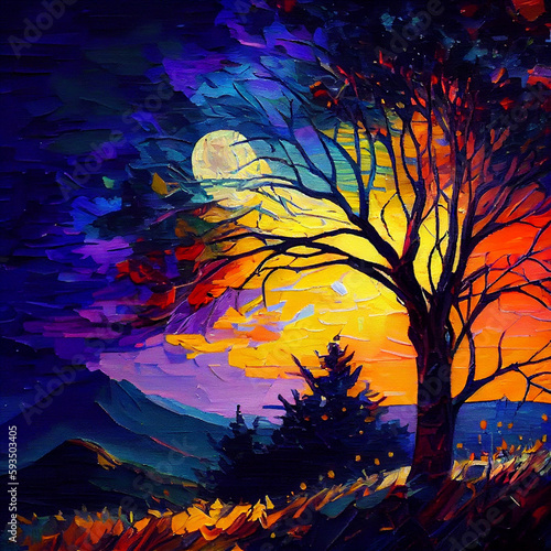 Oil painting  fragrant breeze, wooded hillside, stars,vibrant vivid light colors