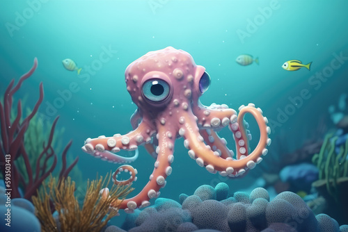 Cute cartoon octopus character, generative AI © Kien