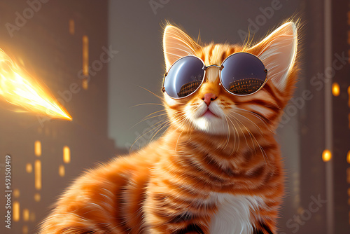 A beautiful red cat in glasses against the backdrop of the city looks up. The building is on fire in the city. Bright lights from the windows of houses. Generative AI