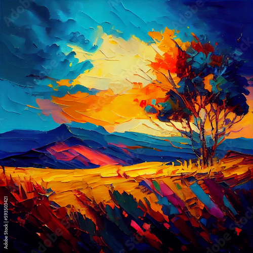 Oil painting  fragrant breeze, wooded hillside, stars,vibrant vivid light colors