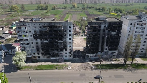 A part of a house destroyed by Russians in Ukraine photo