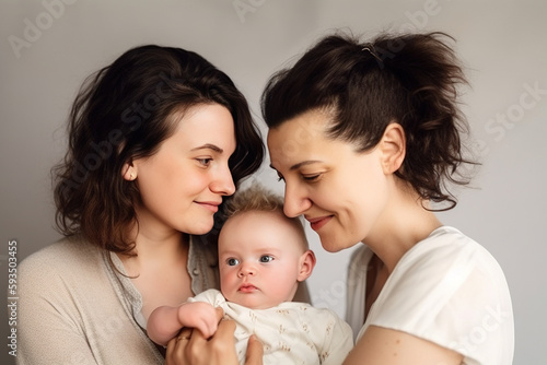 Same-Sex Female Couple: Sharing a Joyful Moment with Their Adored Child. Generative AI