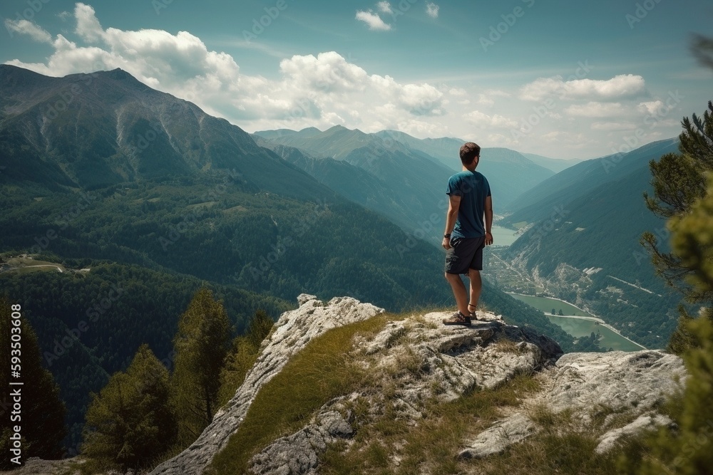 Man standing on the cliff and looking at landscape, created with generative AI