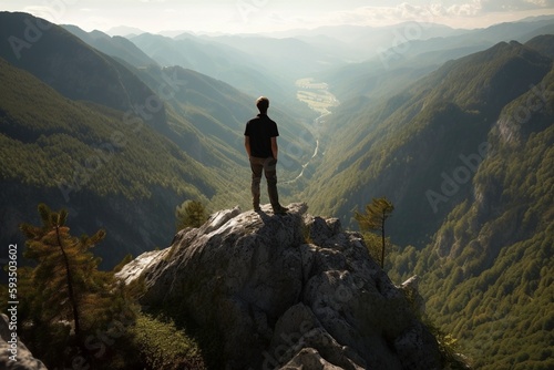 Man standing on the cliff and looking at landscape, created with generative AI