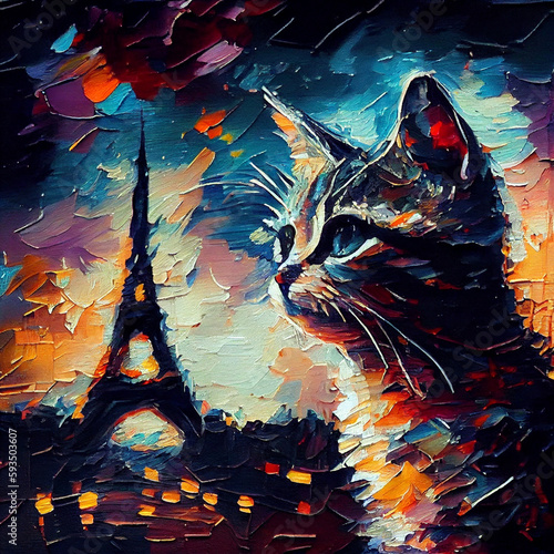 Oil painting Eiffel tower, black kitty, fragrant breeze, magnificent starry sky