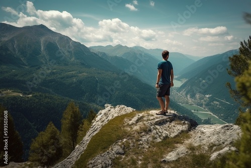 Man standing on the cliff and looking at landscape, created with generative AI © MiraCle72