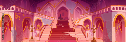 Old messy castle interior with broken stairs. Dirty abandoned hall of royal palace with torn carpet  cracks in walls  staircase and spiderweb  vector cartoon illustration