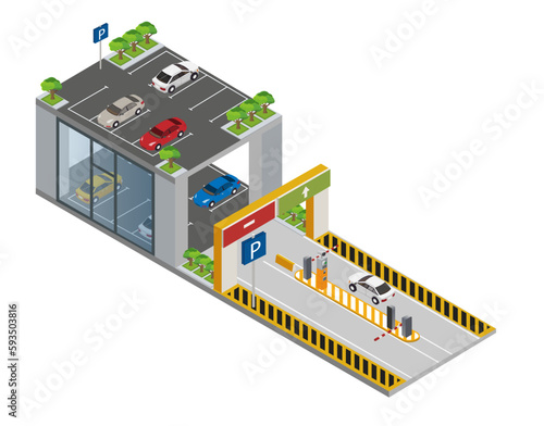 Parking and Payment System with Licence Plate Recognition and RFID Concept. LPR with Boom Barrier System. Recognition automotive by a surveillance camera. Tracking the car. Vector and Illustration. 