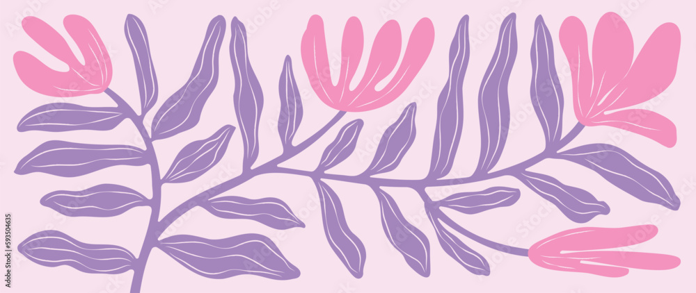 Matisse art background vector. Abstract natural hand drawn pattern design with flowers, leaves, branches. Simple contemporary style illustrated Design for fabric, print, cover, banner, wallpaper.