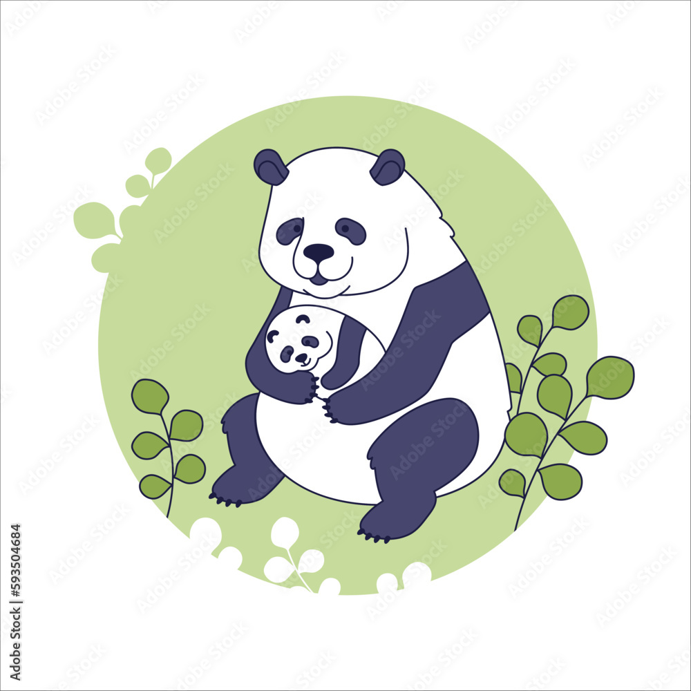 Fototapeta premium Vector illustration of cute characters panda mom and baby. Isolated on white background. Mother's day print.