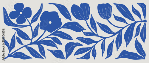 Matisse art background vector. Abstract natural hand drawn pattern design with blue leaves, branches. Simple contemporary style illustrated Design for fabric, print, cover, banner, wallpaper.