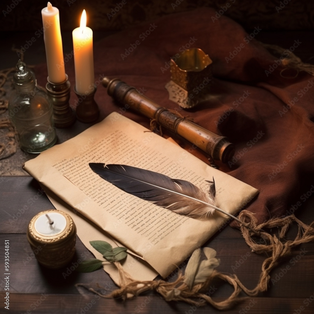 Quill pen, inkwell and candle on old parchment paper. Vintage style. ai generated