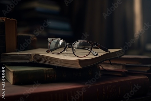 Book and glasses on wooden table. generated ai