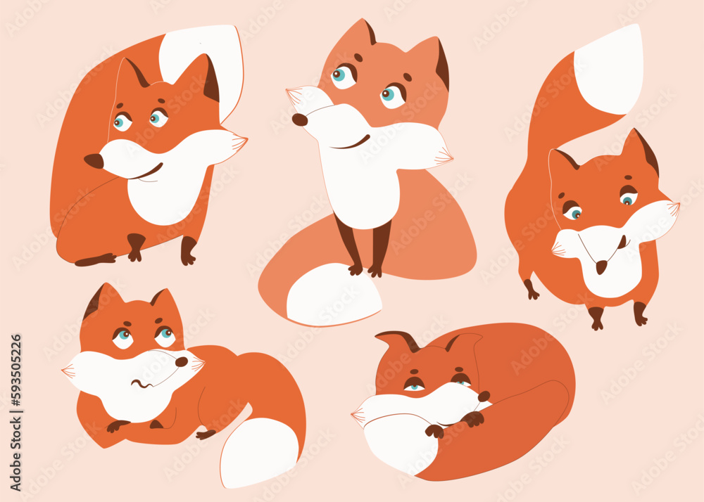 Set of Cute Foxes. Woodland forest animal. Poster for baby room. Childish print for nursery. Design can be used for fashion t-shirt, greeting card, baby shower...Vector illustration.