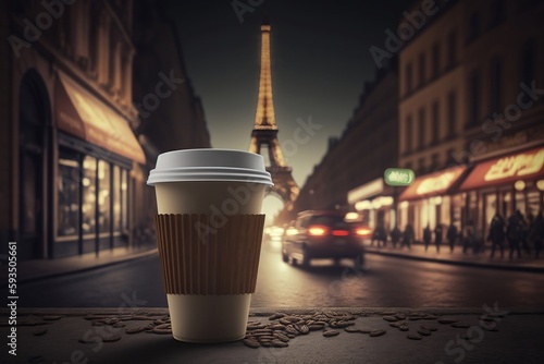 Coffee Cup in Front of an Illuminated Street Scene, Generative Ai