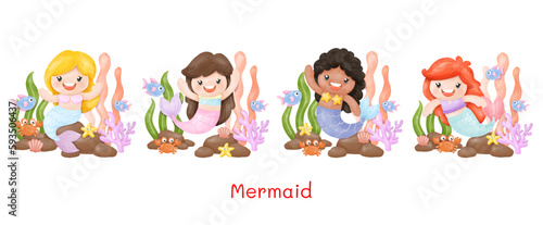 Wallpaper Mural Mermaids Watercolor Clipart, sea animals and ocean life objects Torontodigital.ca