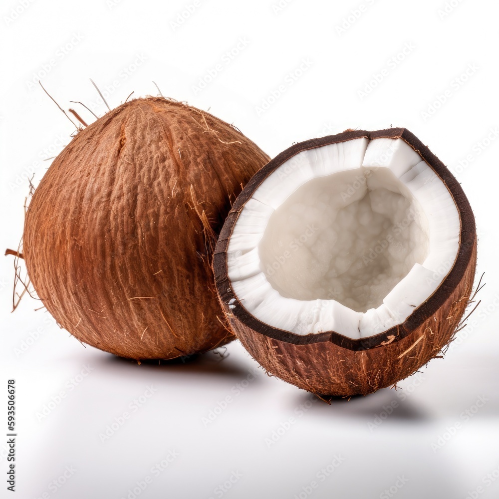 A whole coconut and a organic raw fresh ripe coconut open in half Generative AI Illustration A whole coconut and a organic raw fresh ripe coconut open in half Generative AI Illustration