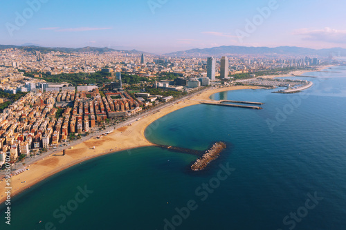 Photography Aerial view of Ciutat Vella district with Barceloneta beach Spain