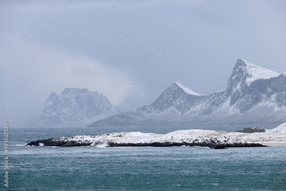 Winter stormy landscape of Skagsanden beach, Flakstad, Lofoten islands, Norway, Europe	