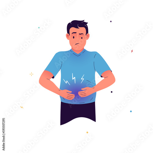 Vector illustration of a man suffering from bloating. The man has symptoms of flatulence. Symptoms of irritable bowel syndrome, food allergies, gastritis, cancer. Illustration for medical posters.