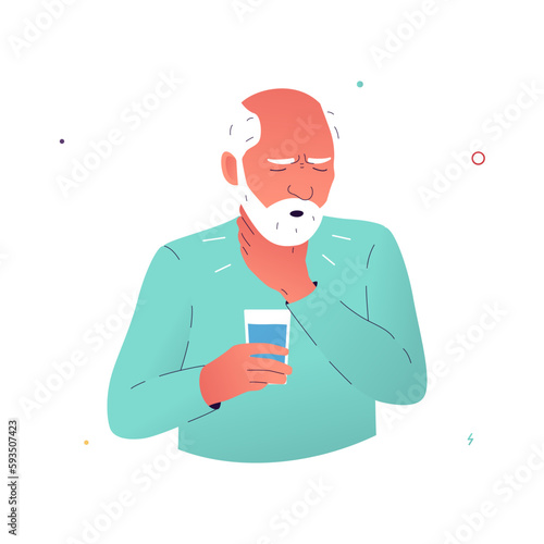 Vector illustration of a man experiencing pain when swallowing. An elderly man suffering from dysphagia holds his throat with his hand. Symptoms of Parkinson's disease, multiple sclerosis, cancer. photo