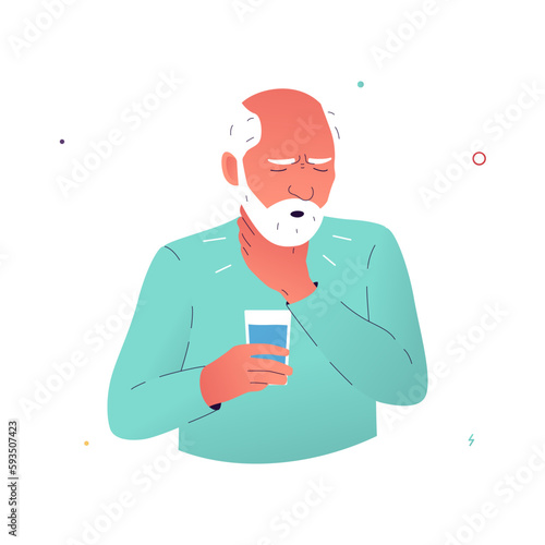 Elderly man with dysphagia, difficulty swallowing, a symptom of a stroke, Parkinson's disease, or GERD. Vector concept for neurology and gastroenterology patient guides
