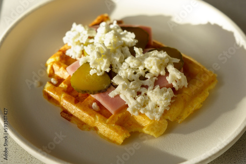 Fotografija Waffle pizza with ham and pickled cucumbers and cheese