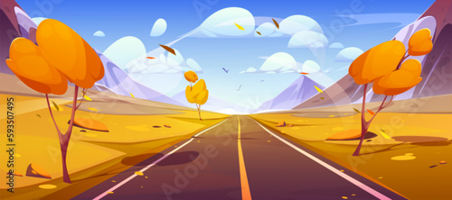 Autumn mountain landscape with empty road. Vector cartoon illustration of beautiful high rocks and hills, asphalt highway perspective view, yellow trees, golden foliage, birds in sky. Vacation travel