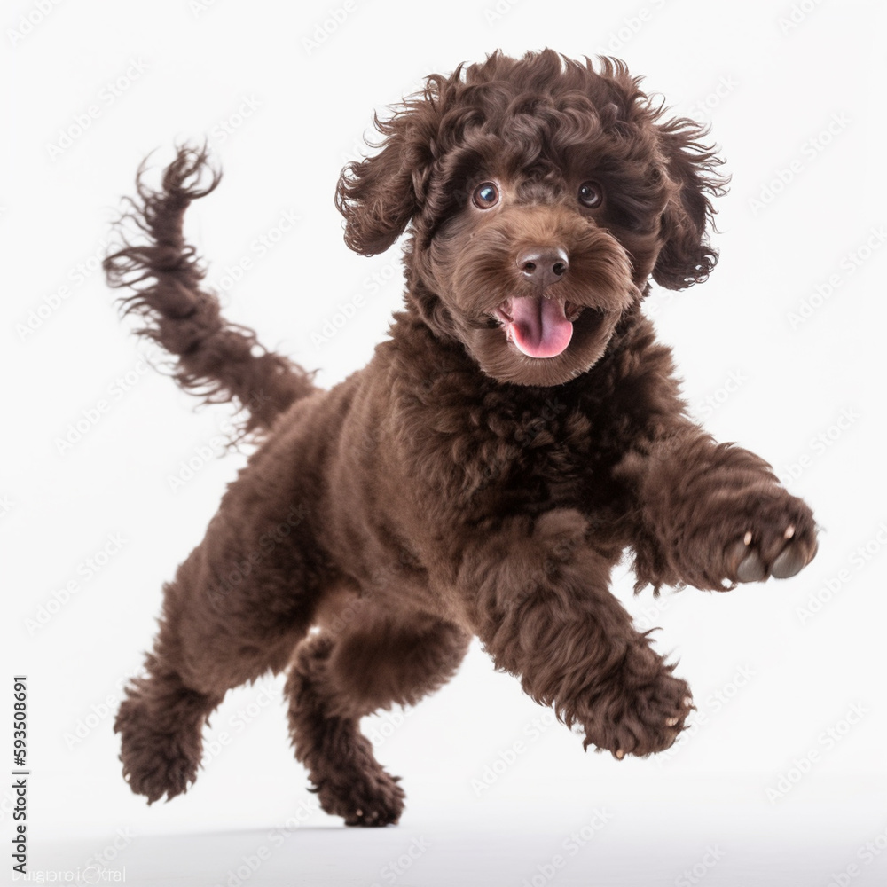 Dog, poodle-yorkshire terrier mix. Cute playful jumping puppy portrait over white background
