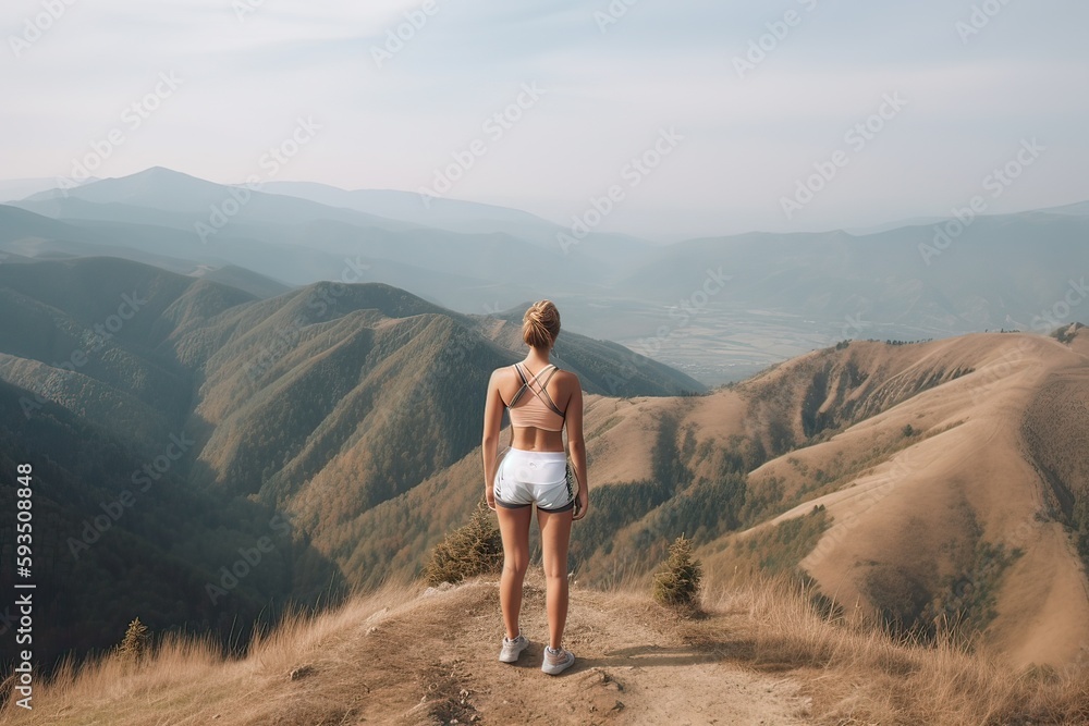 view from behind fitness girl standing on top of the mountain. woman in sportswear standing on the mountain. Generative Ai.
