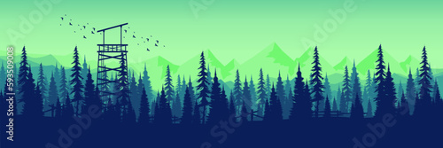 misty morning sunrise mountain with pine tree forest silhouette landscape vector illustration good for web banner, ads banner, tourism banner, wallpaper, background template, and adventure design
