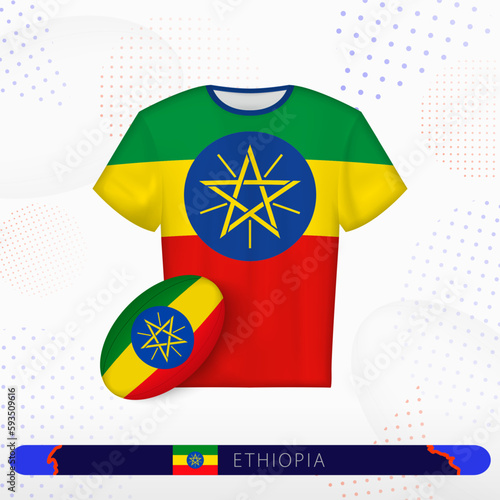 Ethiopia rugby jersey with rugby ball of Ethiopia on abstract sport background.