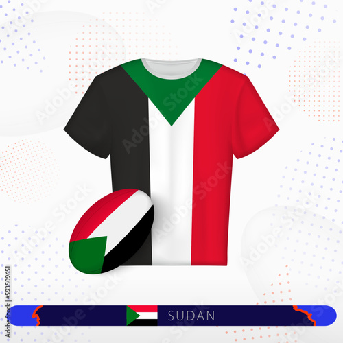 Sudan rugby jersey with rugby ball of Sudan on abstract sport background.