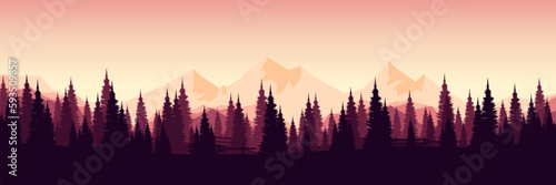 misty morning sunrise mountain with pine tree forest silhouette landscape vector illustration good for web banner, ads banner, tourism banner, wallpaper, background template, and adventure design