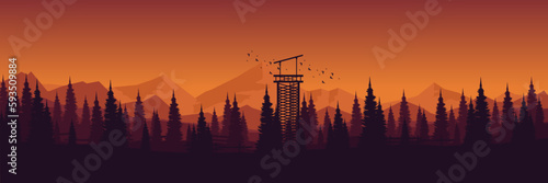 misty morning sunrise mountain with pine tree forest silhouette landscape vector illustration good for web banner, ads banner, tourism banner, wallpaper, background template, and adventure design