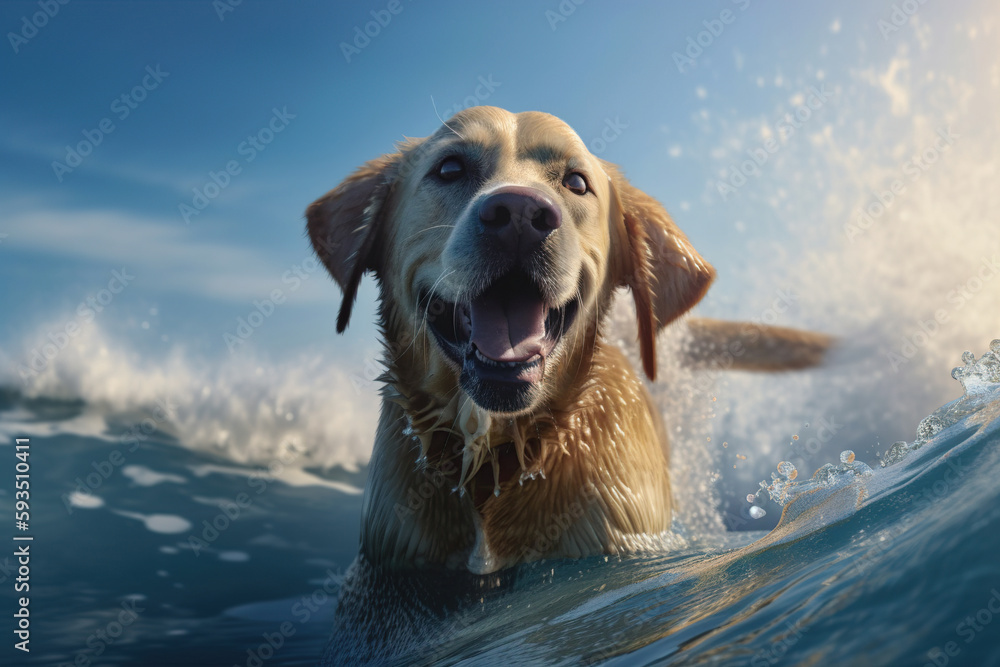 Golden labrador retriever having fun, swimming on the sea waves, summertime at ocean shore, funny picture ,  AI Generative..