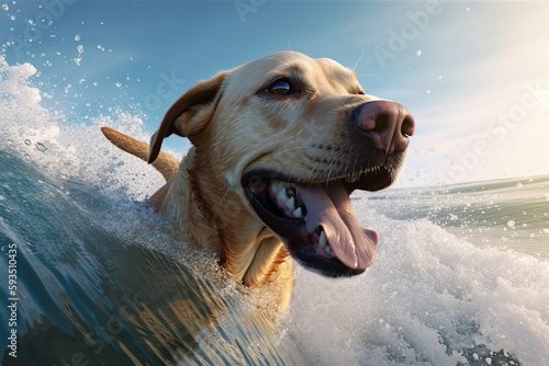 Golden labrador retriever having fun, swimming on the sea waves, summertime at ocean shore, funny picture , AI Generative..